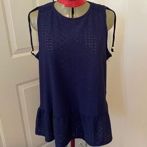 Michael Kors Navy Boho Eyelet Ruffled Tank Top Size L